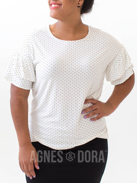 Agnes & Dora™ Frill Sleeve Top White Ground with Black Pin Dot